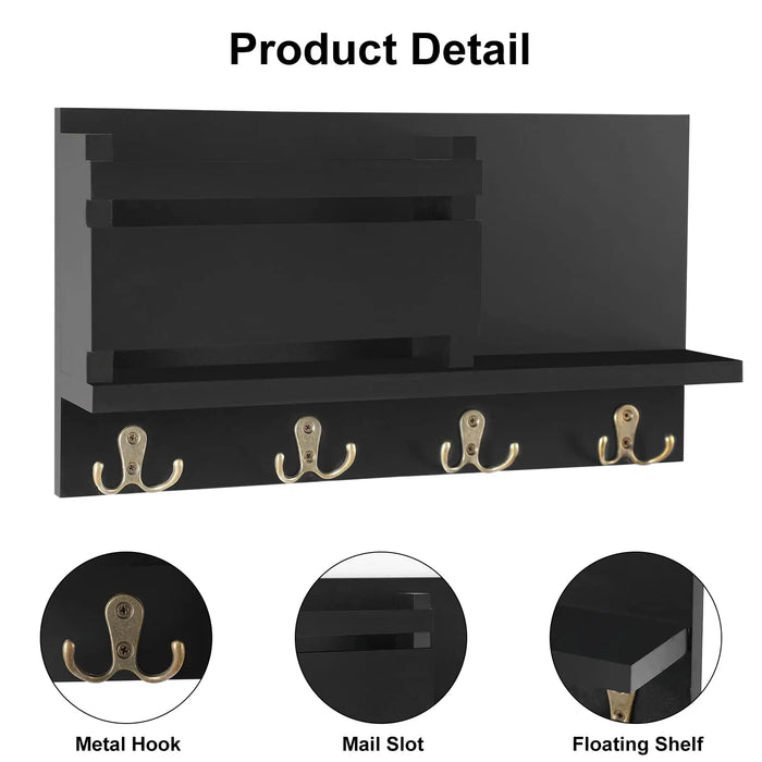 Wooden Wall-Mounted Key & Mail Organiser — Rustic Letter Sorter with 4 Key Hooks