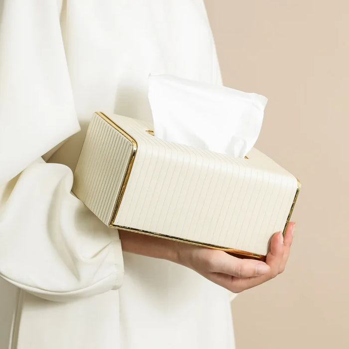 White Rectangular Leather Tissue Box Cover with Gold-Tone Edging — Small 16×11.5×8cm
