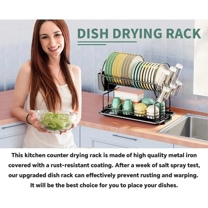 2-Tier Dish Drainer with Drain Board, Cup & Utensil Holders