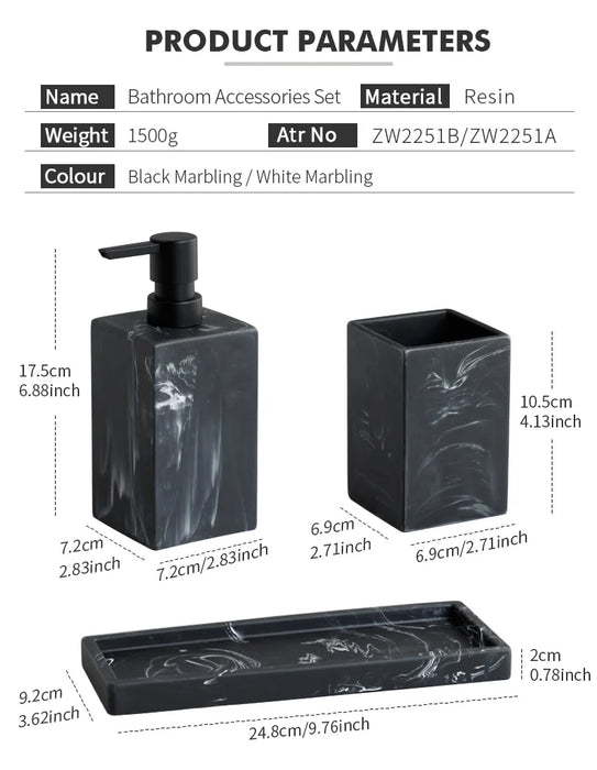4-Piece Marble-Pattern Resin Bathroom Set — Lotion/Soap Dispenser, Toothbrush Holder, Tumbler & Tray (Black or White)