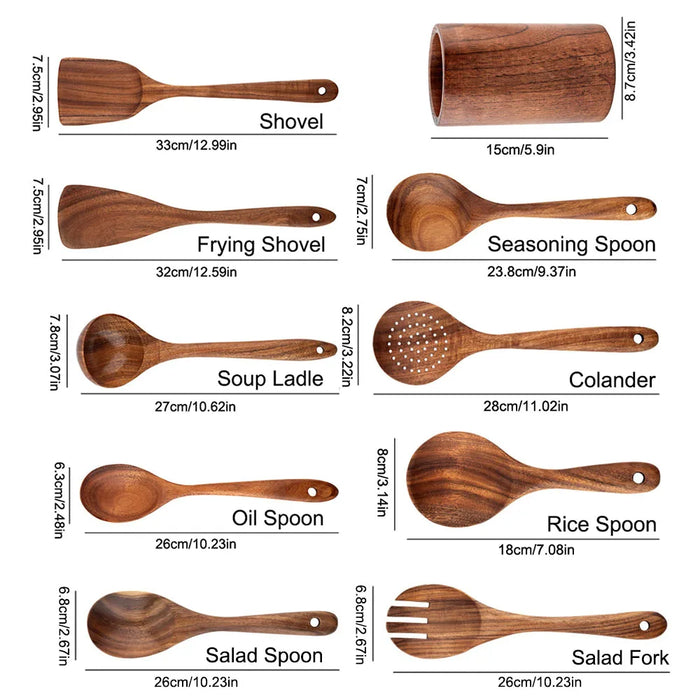 Natural Teak Wooden Kitchen Utensil Set — Modern, Eco-Friendly