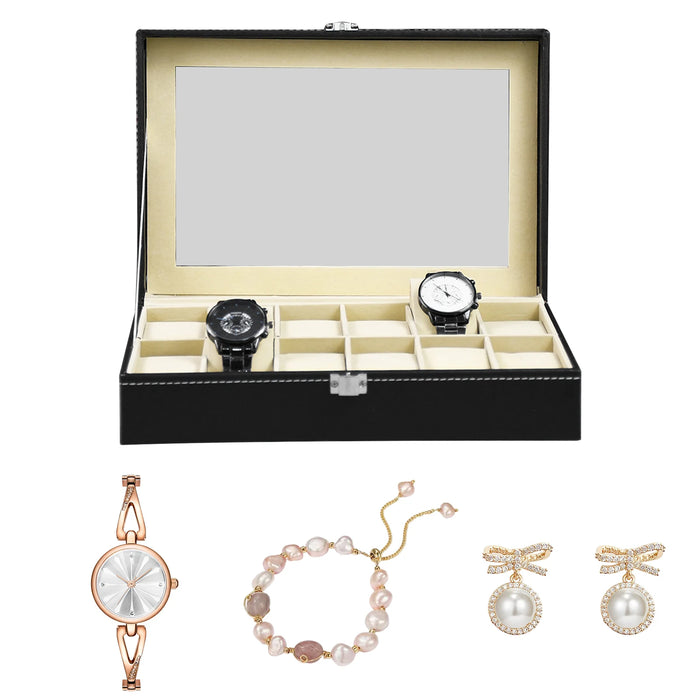 PU Leather Watch Display Box — 10 or 12-Slot Glass-Top Case