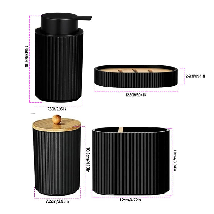 Black 4-Piece Bathroom Accessory Set – Foam Dispenser, Toothbrush Holder, Cotton Box & Soap Dish