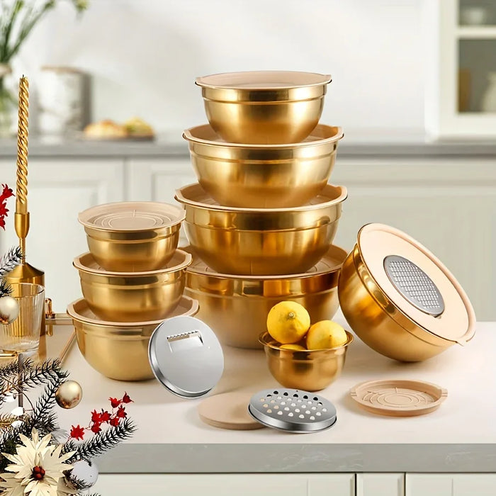10-piece Gold Stainless Steel Mixing Bowl Set with Lids & Sharpener - Dishwasher-safe