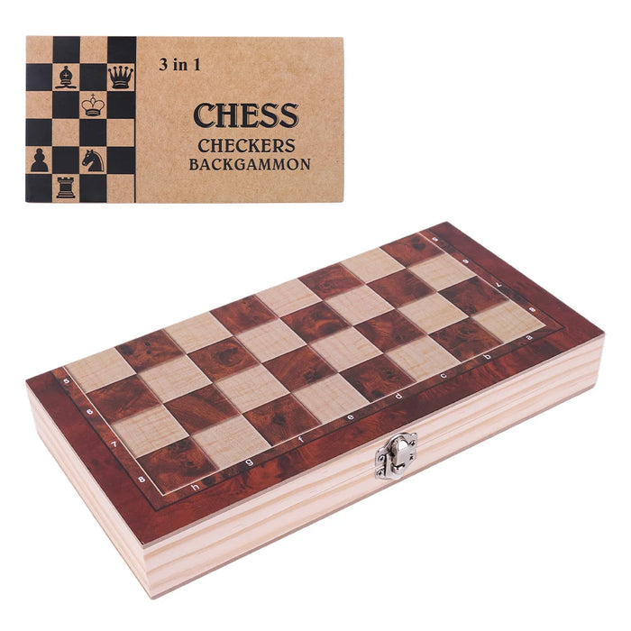 29 x 29 cm Foldable 3‑in‑1 Wooden Chess Set — Chess, Checkers & Backgammon, Non‑toxic