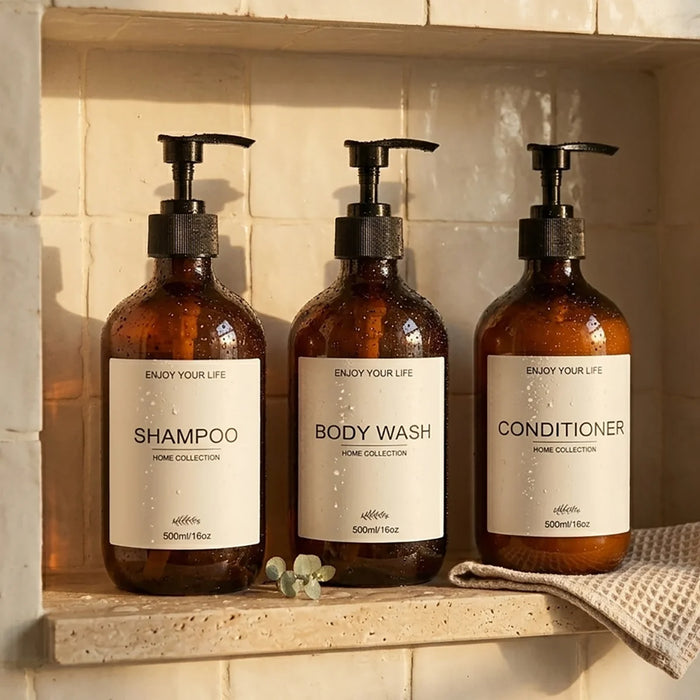 Set of 5 Amber 500ml Refillable Pump Bottles – Empty Dispensers for Shampoo, Conditioner, Hand & Dish Soap