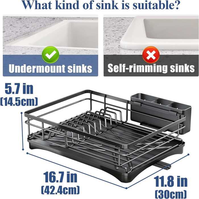 Large Rustproof Steel Dish Rack with Drainboard & Utensil Holder – Black