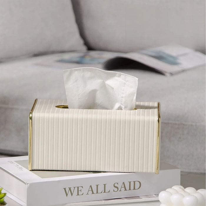 White Rectangular Leather Tissue Box Cover with Gold-Tone Edging — Small 16×11.5×8cm