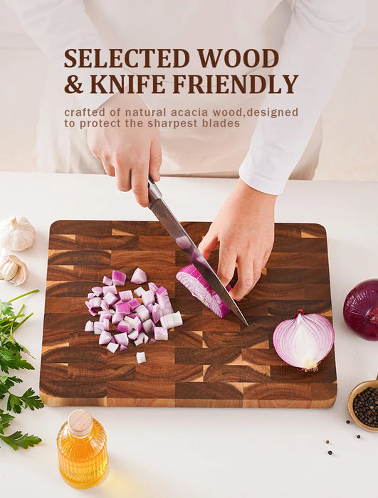15-inch End Grain Acacia Rectangular Chopping Board with Side Handle (390×275×25mm)