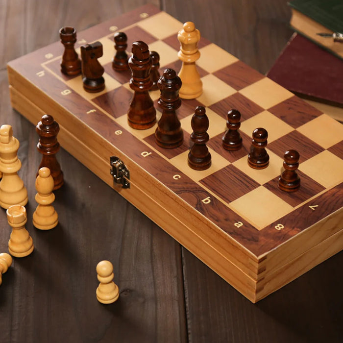 29x29cm Foldable 3‑in‑1 Wooden Chess, Checkers & Backgammon Board