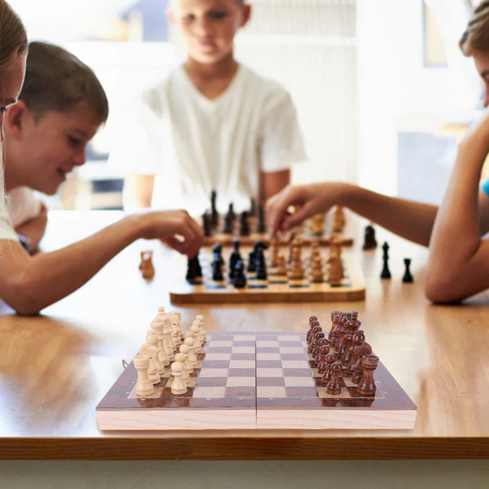 3-in-1 Wooden Chess, Checkers & Backgammon Set — Foldable 29 x 29cm Board