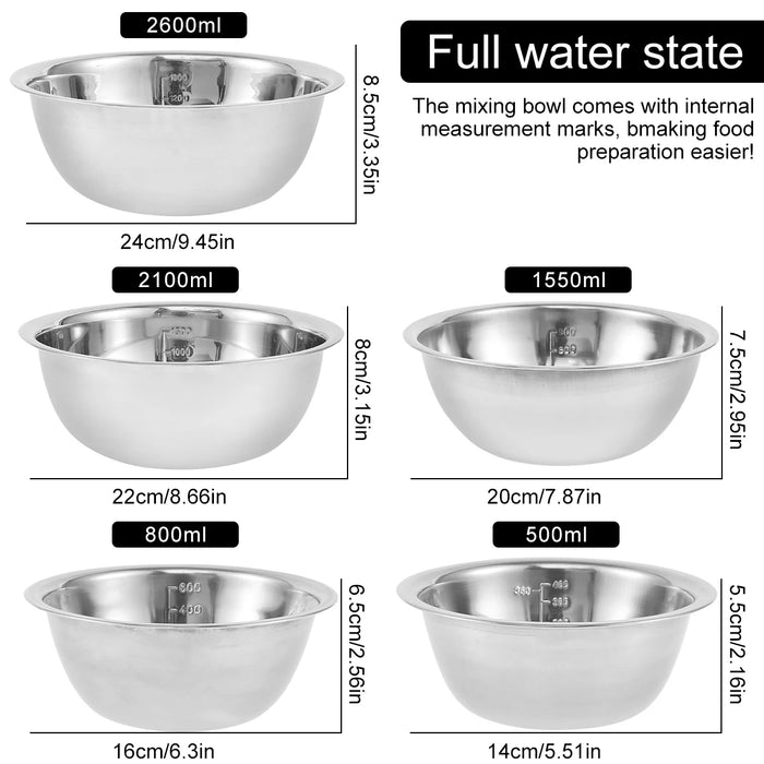 5-Piece Stainless Steel Mixing Bowl Set — Nesting, 2600–500ml