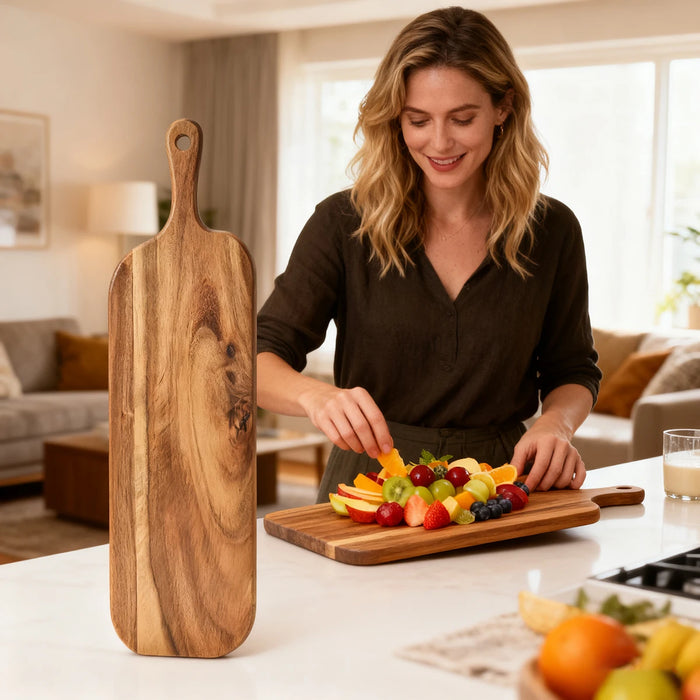 Acacia Wooden Cutting Board with Handle — Chopping & Serving Board (about 38cm & 41cm)