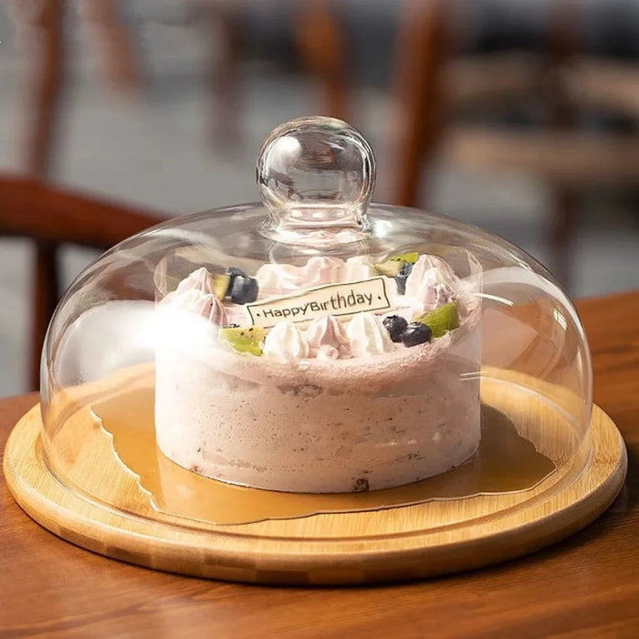 Wooden Cake Stand with Transparent Dome — Dessert Plate & Cupcake Display (Turntable)