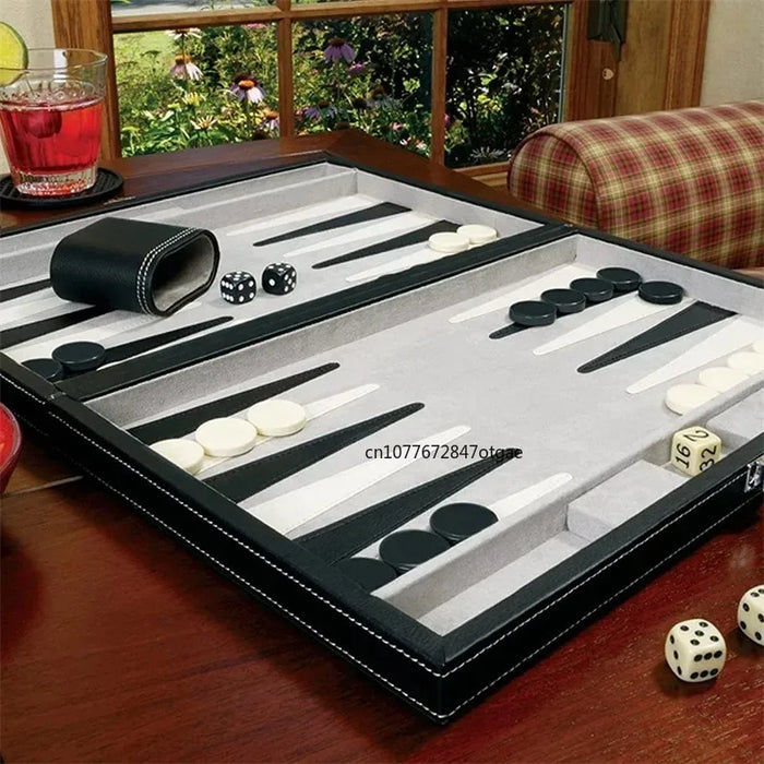 Backgammon & Chess Folding Set in Stitched Black Leatherette Case