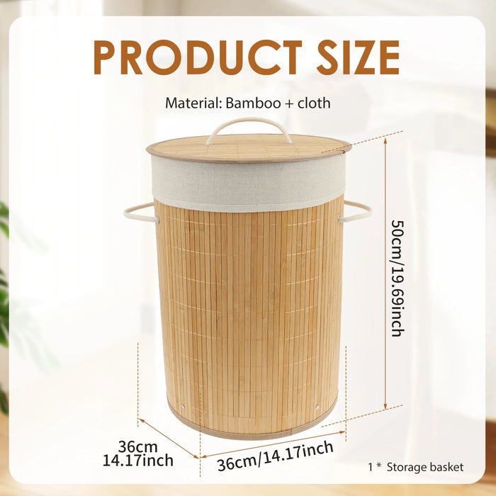 Bamboo Laundry Basket with Lid & Removable Liner, 36×36×50cm (14.2×19.7in)