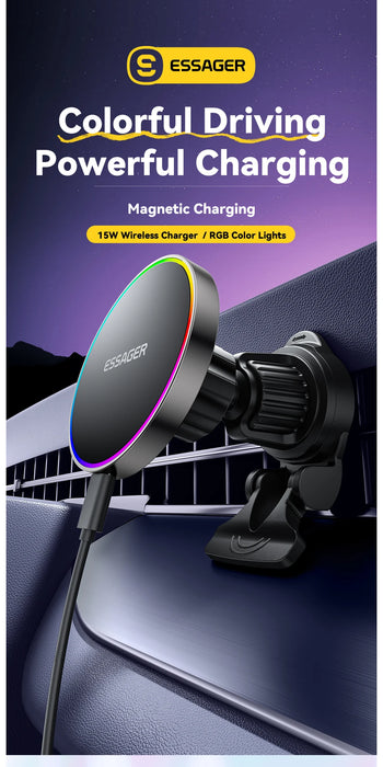 15W Magnetic Wireless Car Charger & Holder for iPhone 12–16 (MagSafe) with RGB