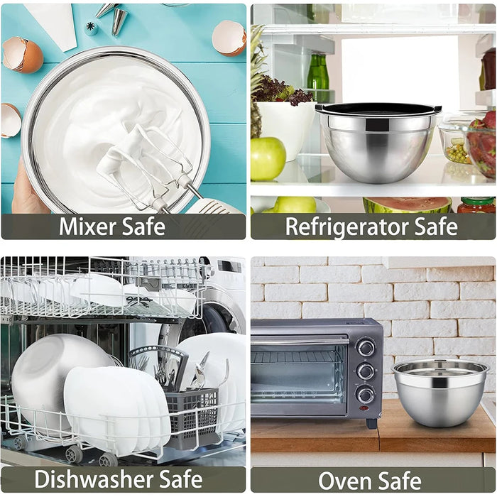 6-Piece Stainless Steel Nesting Mixing Bowls with Black Lids and Non-Slip Bases