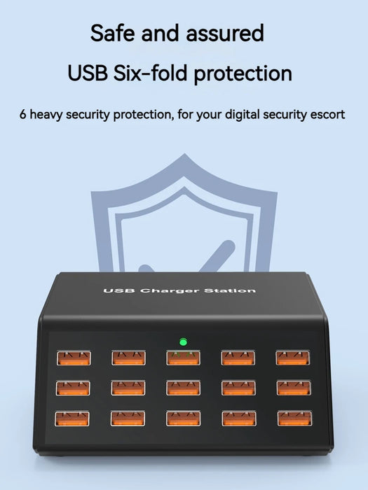 100W 15-Port Desktop USB Charger Station — Fast Charge for iPhone, iPad & Samsung