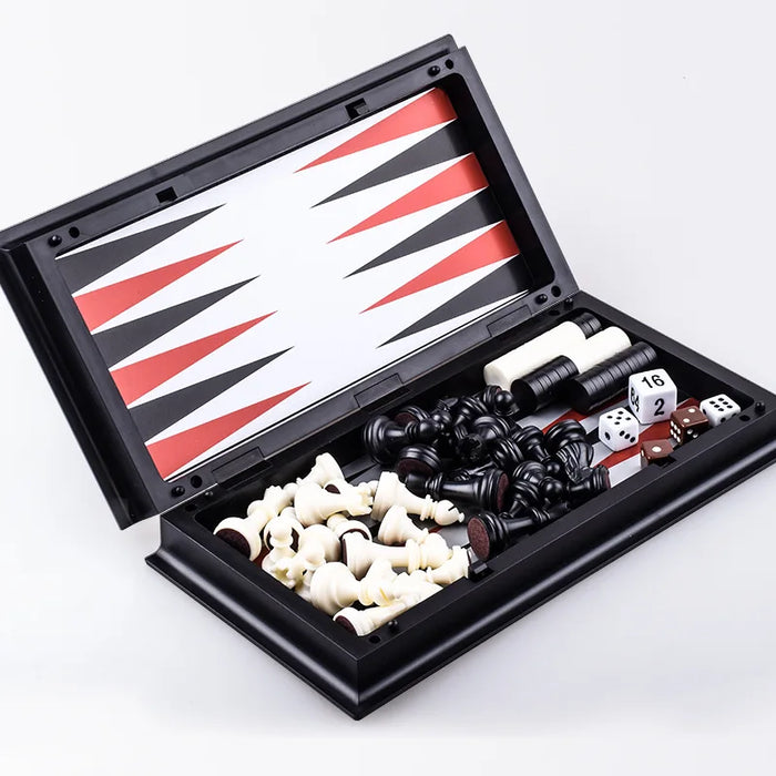 25cm Foldable Magnetic 3-in-1 Game Board — Chess, Checkers & Backgammon
