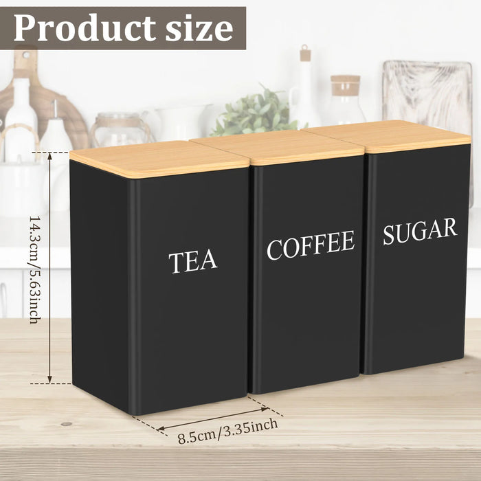 3‑Piece 1 L Coffee, Tea & Sugar Canisters with Airtight Bamboo Lids — Metal Storage Jars