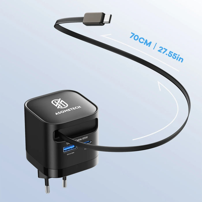 65W GaN 3‑Port USB Charger with Retractable USB‑C Cable — PD3.0, QC4.0, PPS