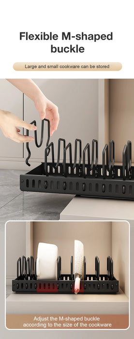 Pull-Out Pots & Pans Organiser — Sliding Lid Holder & 8-Compartment Kitchen Rack (White/Black)