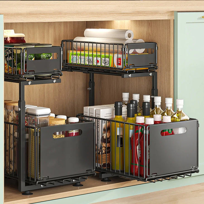 Pull-Out Under-Sink Organiser, 2-Tier Adjustable Sliding Shelf, Black & White