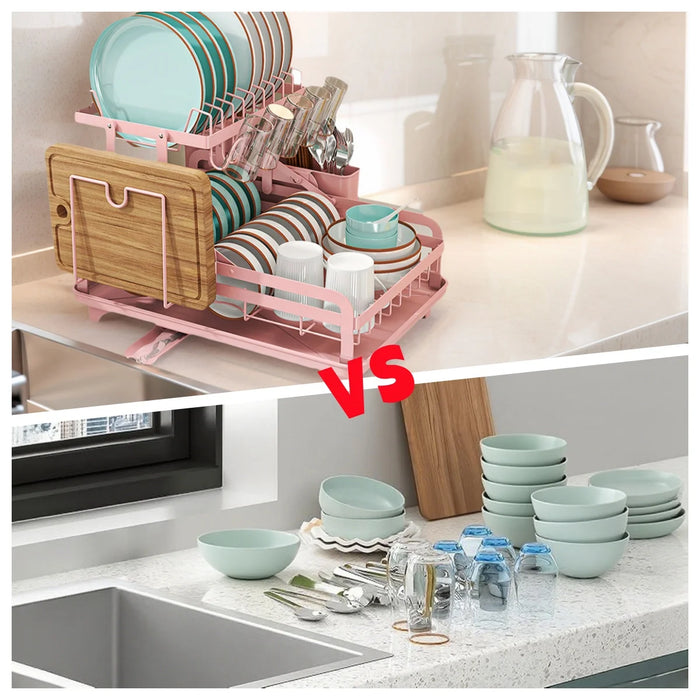 2-Tier Metal Dish Drying Rack with Drainboard — No Assembly, Foldable (Pink)
