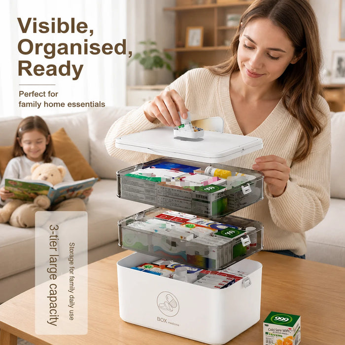 3-Tier Medicine Storage Box — Dustproof Large Capacity Organiser for Home, Bathroom & Office