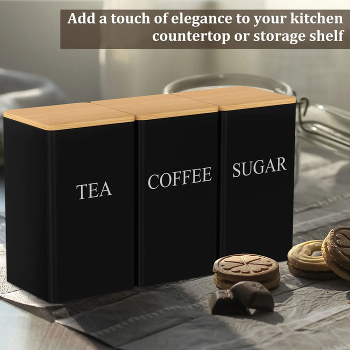 3‑Piece 1 L Coffee, Tea & Sugar Canisters with Airtight Bamboo Lids — Metal Storage Jars