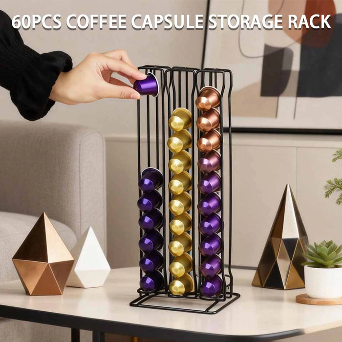 60-Capsule Metal Coffee Pod Rack — Floor-Standing Nespresso Storage (Black)