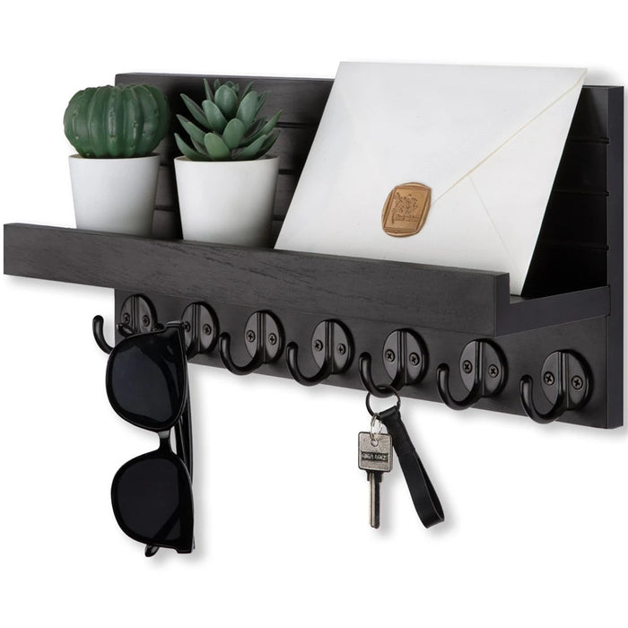 Wood Wall-Mounted Key & Mail Holder with 7 Hooks and Shelf