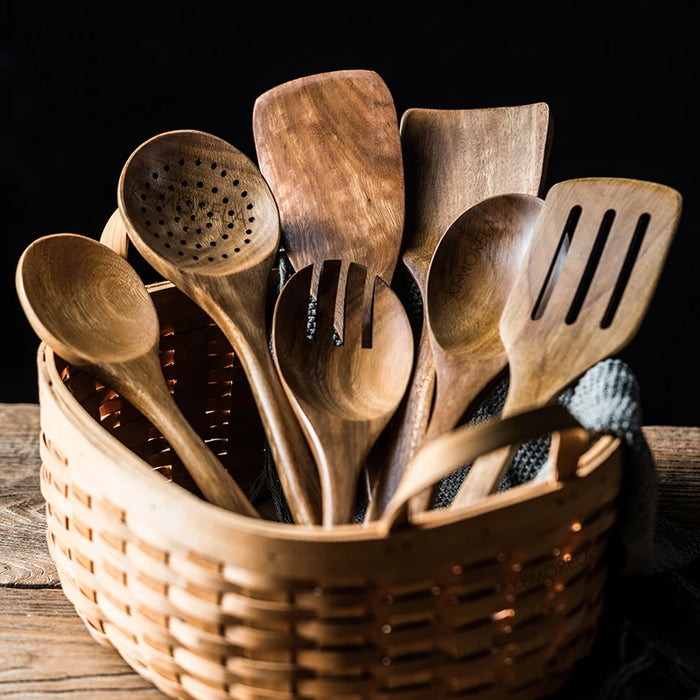 9-Piece Teak Wooden Kitchen Utensil Set with Holder