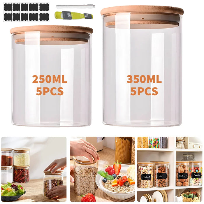 10-piece Glass Storage Jar Set — 5×250ml & 5×350ml with Airtight Bamboo Lids, Labels & Spoon