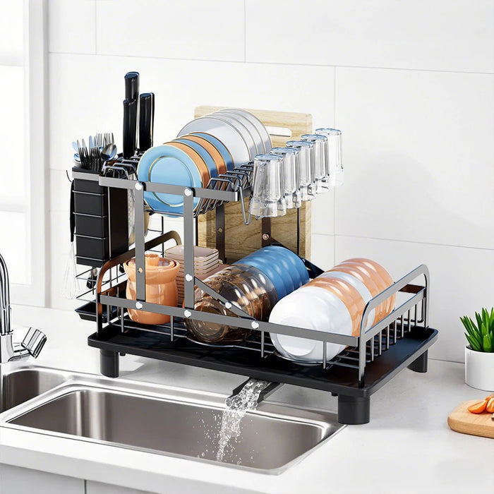 2-Tier Dish Drainer Rack with Utensil Holder – Space-Saving Metal Drying Rack