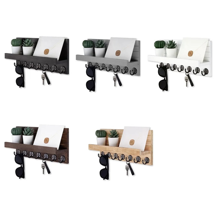 Wood Wall-Mounted Key & Mail Holder with 7 Hooks and Shelf