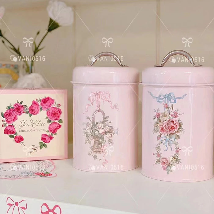 Pink Metal Canister Tins – Pack of Two – Tea, Coffee & Sugar Storage (18 x 10.5 cm) Airtight