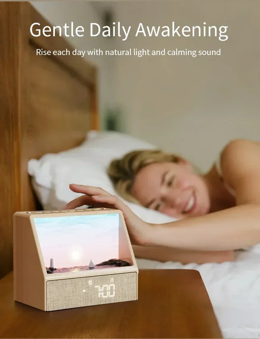 Sunrise Wake‑Up Light with White Noise, Bluetooth Night Lamp (Wood Grain)