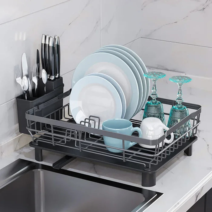 Countertop Dish Drainer with Drainboard & Utensil Organiser — Wrought Iron, Single-Layer (White/Black)