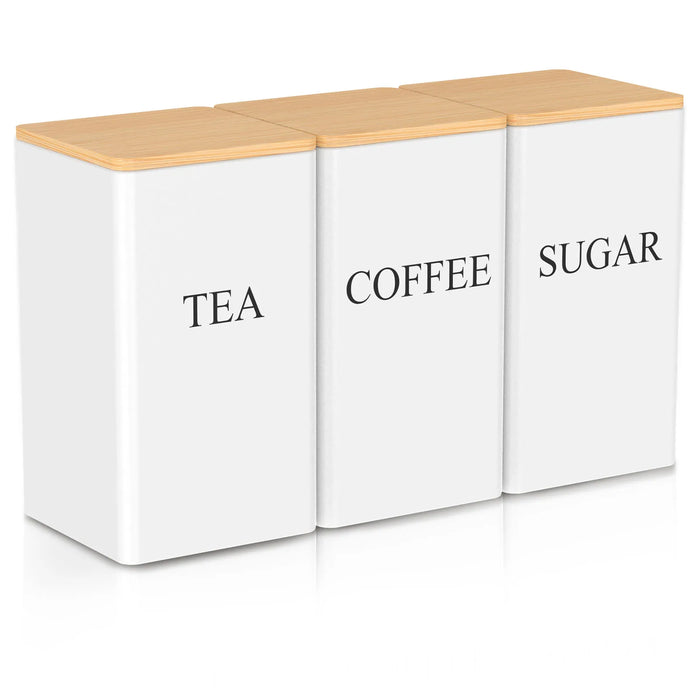 3‑Piece 1 L Coffee, Tea & Sugar Canisters with Airtight Bamboo Lids — Metal Storage Jars