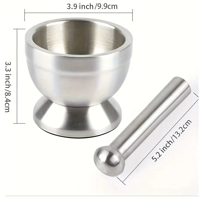 18/8 (304) Stainless Steel Mortar & Pestle Set with Non-Slip Base - Silver