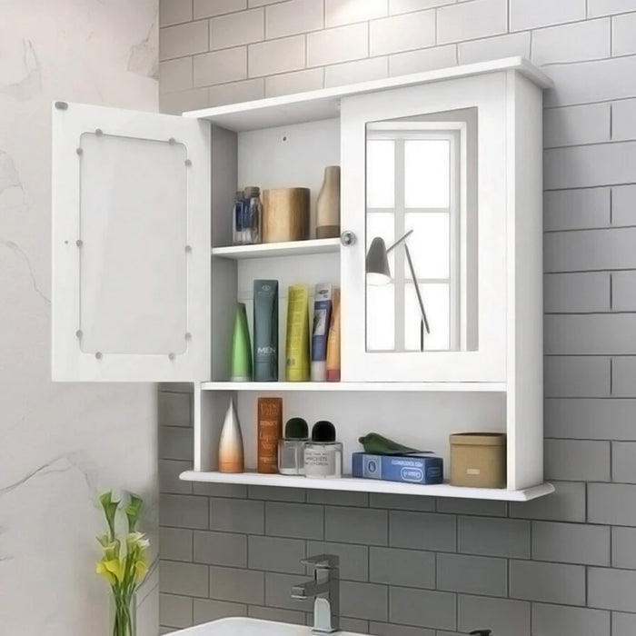 Double‑Door Wall‑Mounted Mirror Cabinet with Open Shelves, 56 x 13 x 58cm, White