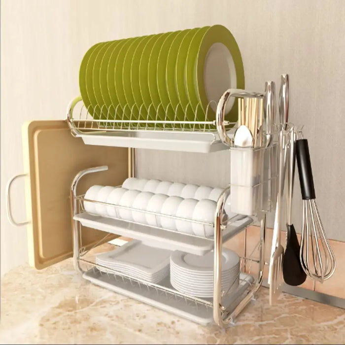 3-Tier Chrome Kitchen Drying Rack with Drip Tray
