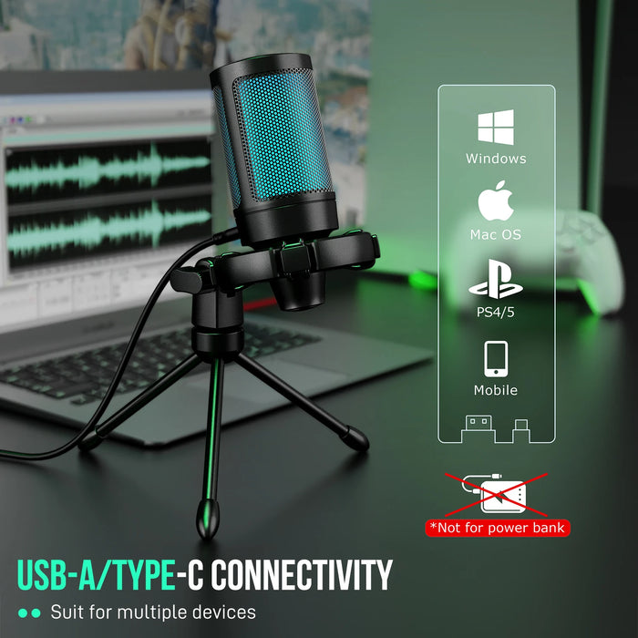 AmpliGame RGB USB Gaming Microphone A2 — Condenser with Light‑touch Mute & Tripod