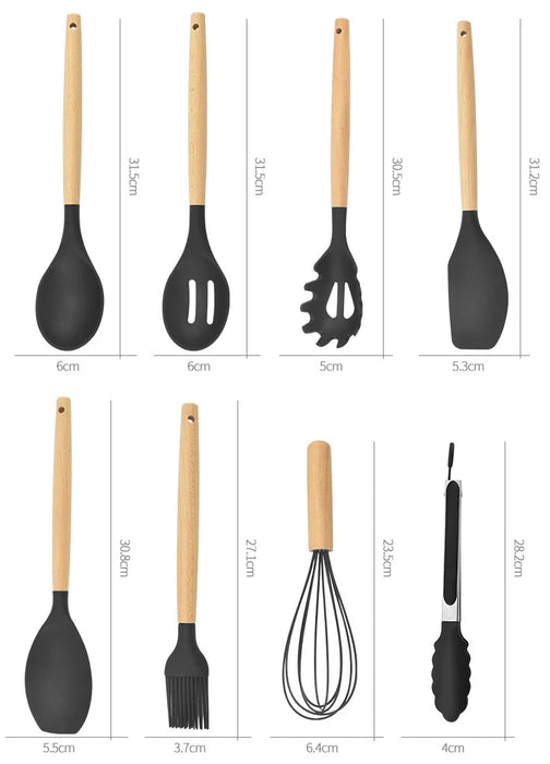 12-Piece Silicone Kitchen Utensil Set with Wooden Handles, Non-Stick