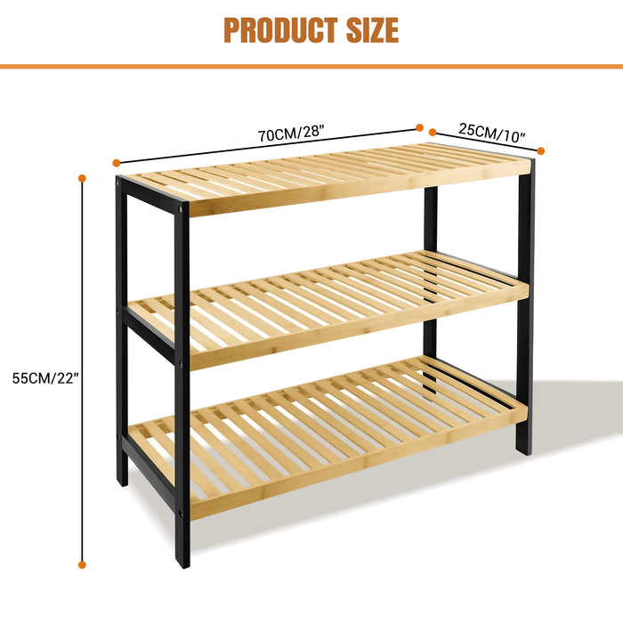 3-Tier Natural Bamboo Shoe Rack — 70 x 25 x 55 cm Space-Saving Wooden Storage