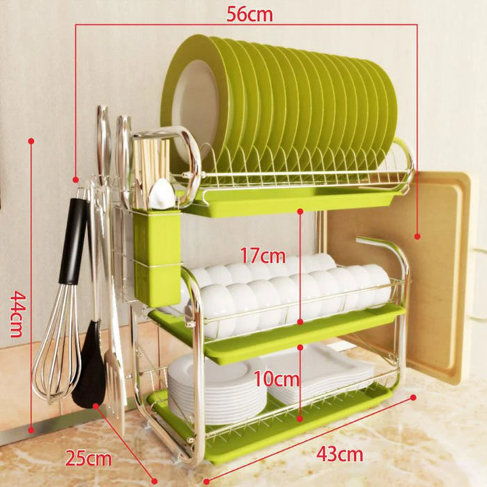 3-Tier Chrome Kitchen Drying Rack with Drip Tray