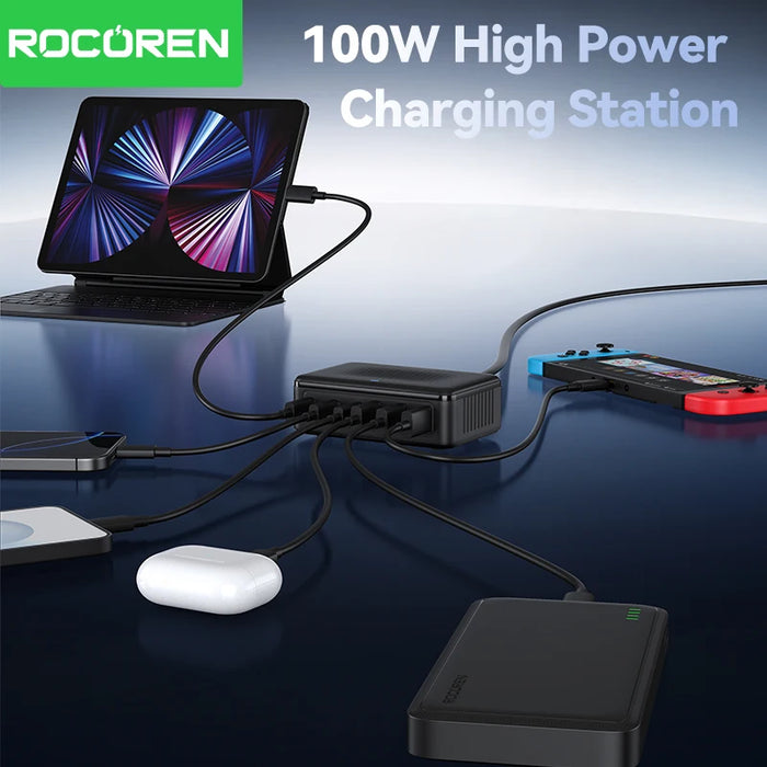 Rocoren 100W GaN 6‑Port Desktop USB Charger – 3x USB‑C & 3x USB‑A