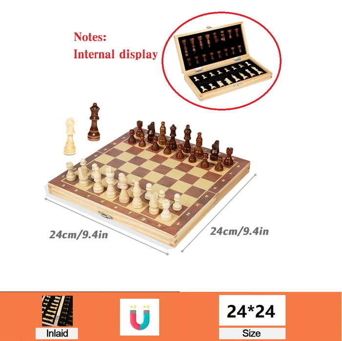 Magnetic Wooden Folding Chess Set with Felted 24 x 24 cm Board — 34 Pieces, Interior Storage
